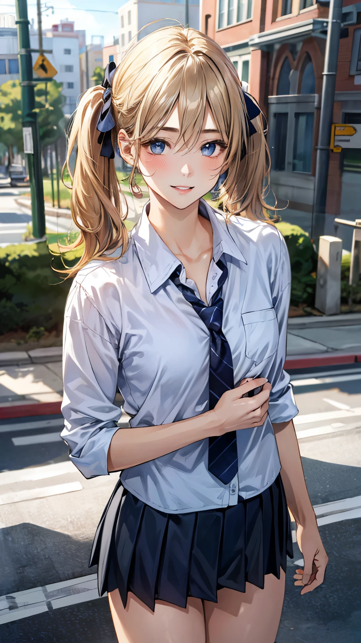 (masterpiece:1.3, top-quality, ultra high res, ultra detailed), (realistic, photorealistic:1.4), beautiful illustration, perfect lighting, natural lighting, colorful, depth of fields, ,
beautiful detailed hair, beautiful detailed face, beautiful detailed eyes, beautiful clavicle, beautiful body, beautiful chest, beautiful thigh, beautiful legs, beautiful fingers, shiny skin,
looking at viewer, 1 girl, high school girl, (perfect anatomy, anatomically correct, super detailed skin), cute and symmetrical face, face, perfect face, perfect eyes, ,
(long hair:1.4, twin tails:1.2, blonde hair), swept bangs, hair between eyes:0.6, blue eyes, big eyes, long eye lasher, (medium breasts, seductive thighs), slender, skin dendation,
detailed cloth texture, navy cardigan:1.2, break, white collared shirt, break, dark red tie, break, light blue pleated skirt:1.2, break,
(beautiful scenery), summer, evening, (cityscape:1.2), standing, hands on chest, (lovely smile, upper eyes, parted lips),