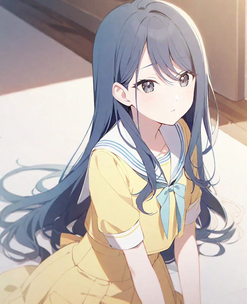 One girl,alone,Hoshino Ichika,Blue Hair,,Black Eye,Light yellow sailor suit,White sailor collar,project sekai,long hair,cute,cute,