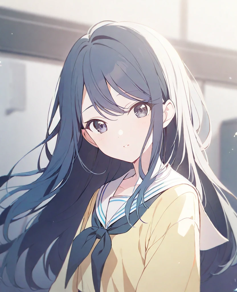 One girl,alone,Hoshino Ichika,Blue Hair,,Black Eye,Light yellow sailor suit,White sailor collar,project sekai,long hair,cute,cute,
