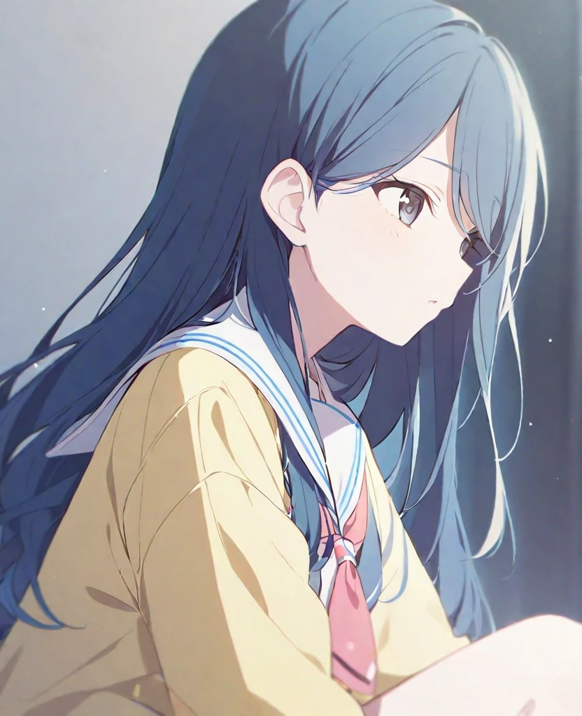 One girl,alone,Hoshino Ichika,Blue Hair,,Black Eye,Light yellow sailor suit,White sailor collar,project sekai,long hair,cute,cute,