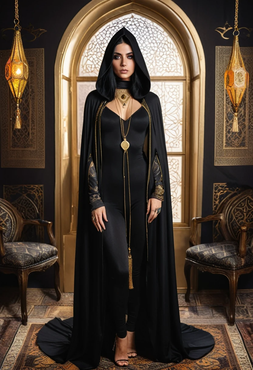 young witch of the desert in the arabian room, black long cape with a hood reaching to the eyes, golden eyes, black hair, black outfit, eye tattoo under collarbone, gold jewelry, full length, fortune telling cards in hand