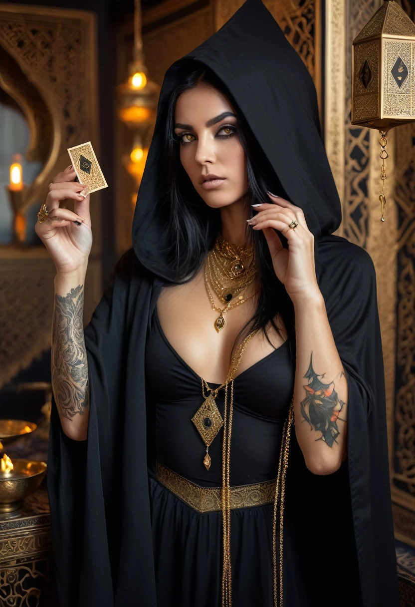 young witch of the desert in the arabian room, black long cape with a hood reaching to the eyes, golden eyes, black hair, black outfit, eye tattoo under collarbone, gold jewelry, full length, fortune telling cards in hand