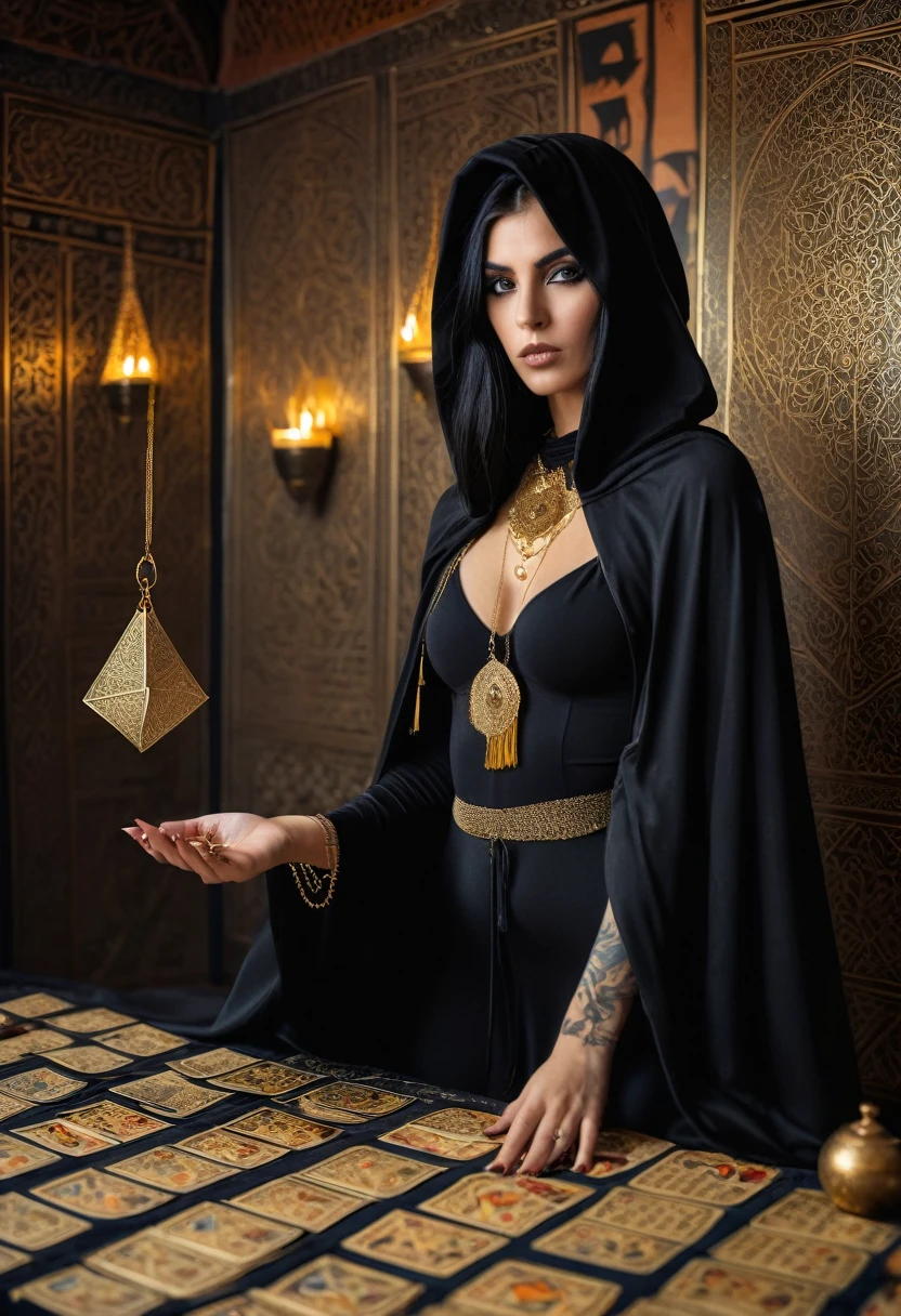 young witch of the desert in the arabian room, black long cape with a hood reaching to the eyes, golden eyes, black hair, black outfit, eye tattoo under collarbone, gold jewelry, full length, fortune telling cards in hand