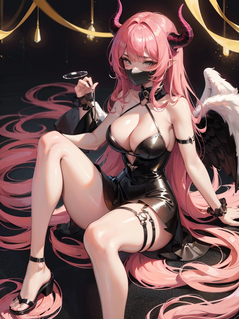 a full body devil girl who is half hidden angel with a beautiful devilish dress , has big and thick thighs with pink hairs and black and golden dress