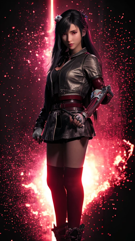 a woman holding a sword in a dark room, 2. 5 d cgi anime fantasy artwork, holding a black katana, stuning fantasy 3 d render, holding katana, unreal engine character art, unsheathing her katana, she is holding a katana sword, yasuke 5 0 0 px models, dramatic wielding katana pose, holding a katana, background color smoked, Red leather jacket.