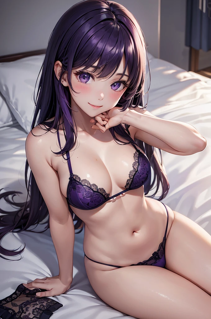 (Best Quality,High resolution,8K,finelity detailed background,Masterpiece:1.2),beautiful girl,Shiny purple hair,messy hair,Purple Eyes,Gentle look,A refreshing look,Best quality,Best Quality,Aesthetic and aesthetic:1.2,Best details((Super detailed))(High-definition CG illustrations),Blue underwear (blue,intricate lace),Slender body,Late Night,Moonlit Night,Bedroom,On the bed,smile,blush,cute,Scrounge,Looking up,Being spoiled,super model,on back,shoot from above