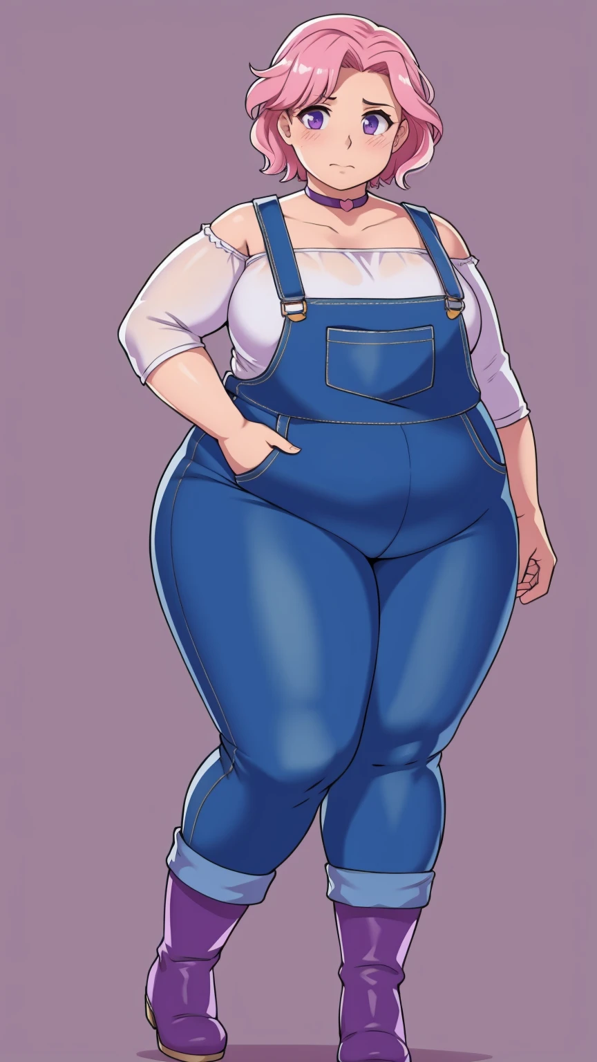 (Obese:1.1),fat, Slightly chubby, sad, farm backround, Full body, looking at viewer, 1girl, solo, short pink hair, (dark blue choker), (dark blue denim overalls), (purple eyes), (pink boots), (white shoulder lantern sleeve blouse, tucked in pants