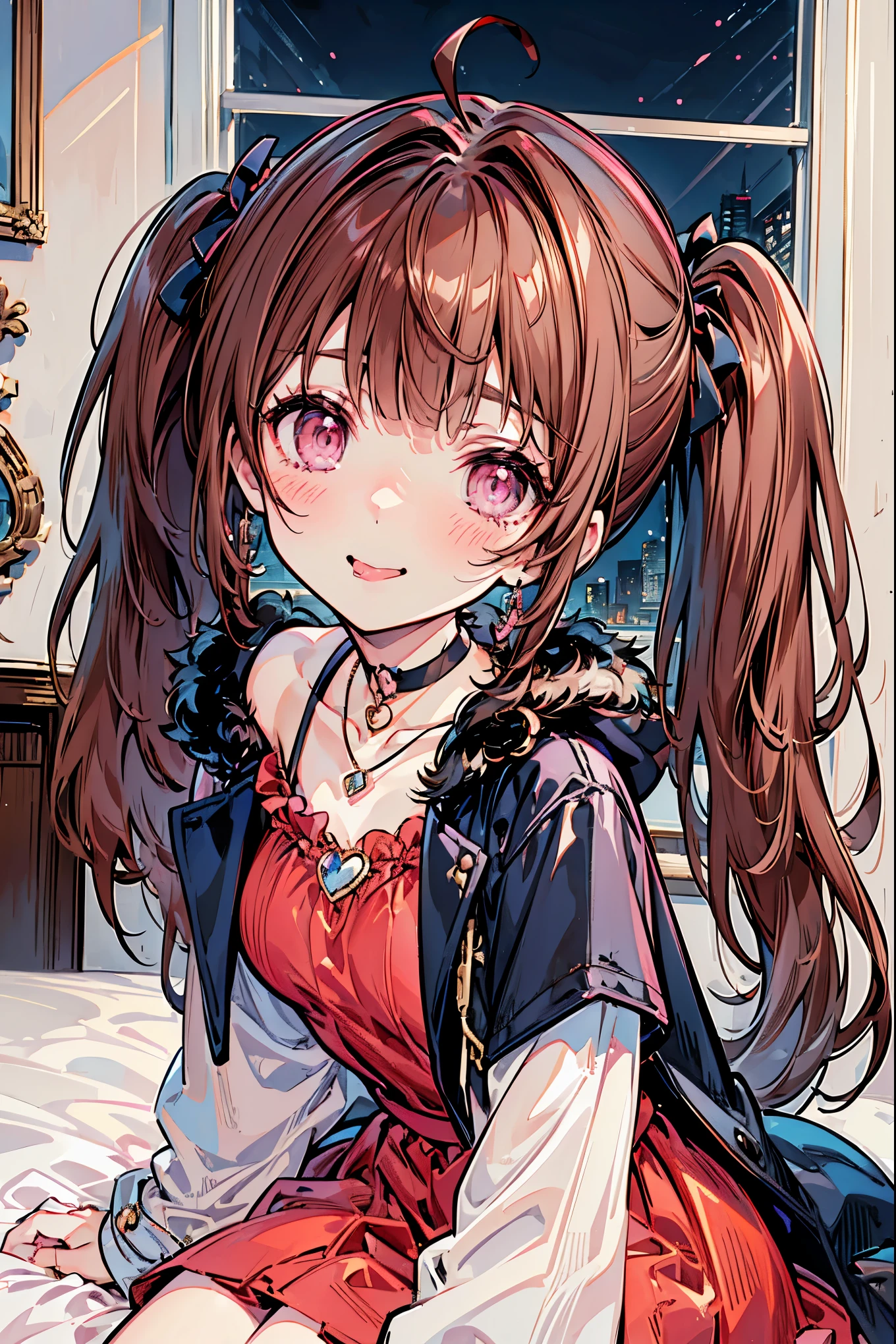 {{{{masterpiece}}}}, {{{Super detailed}}}, {{{high resolution}}},{{high resolution:1.3}}, {{good anatomy}}, (((best quality))), ((on the bed,indoor,blue theme,anime style,anime girl)),(((pink eyes,brown hair))),(big perfect eyes),((yandere,dark eyelash)),(((coat skirt,collarbone,red dress, jewelry, choker,necklace,dark atmosphere,night time))), hairclip, {8k cg wallpaper}, {{illustration,zoom in,focus on face,close-up shot, looking out a window}},((twintails|ahoge|floating hair|blunt bangs|short hair|curly))smile,(1girl:1), bride,solo,alone,(Color difference:1.2),(yandere smile,evil smile with Tongue,Dark circles),blushing,neat face,(medium breasts),((The details are complex、Shallow depth of field、weak lighting、a Canon EOS R5、50mm lens、f / 2.8、shot at 8k resolution))
