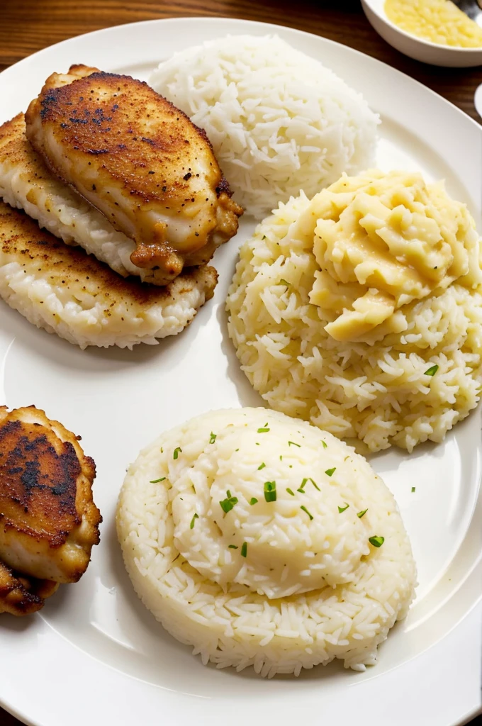 A white plate with hot rice, mashed potatoes and hot broiled chicken fillet