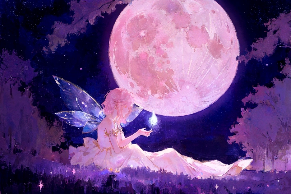 a fairy in a dreamlike night, whimsical fairytale background, dreamlike illustration, magical fairy background, pink moon, moonlit background, dreamy moonlit atmosphere, stars and moon themed, magical background, moon background, highly magical and dreamlike, magical dreamlike atmosphere, dreamlike art, dreamy detailed
