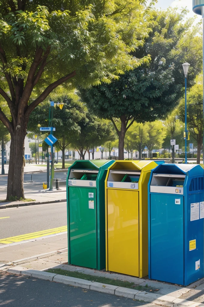 Scene 1: Promotion of recycling and reuse of materials
**Visual Description:**
- Image of a modern city with clearly marked recycling stations on street corners and in parks.
- People of different ages and cultures separating waste into recycling containers of different colors (blue for paper, green for glass, yellow for plastics).
- Clean and organized environment with trees and green areas.