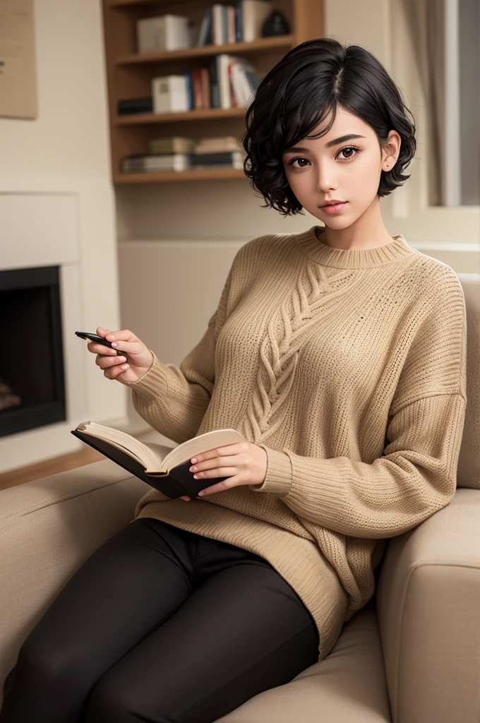 A young woman with short curly black hair, wearing beige sweater and black pants, I was reading a book in the living room