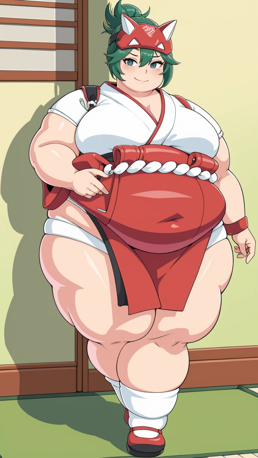 (Obese:1.1)japanese style white talisman, bedroom, accessories, wristlet, bandage ,Smirk, Looking at viewer,, full body
 