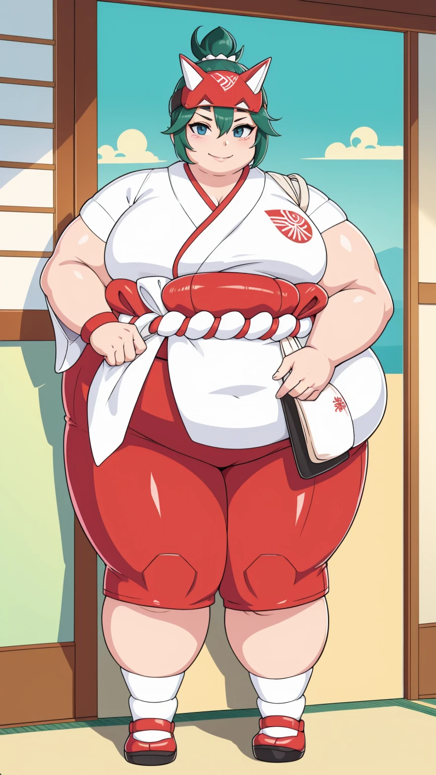 (Obese:1.1)japanese style white talisman, bedroom, accessories, wristlet, bandage ,Smirk, Looking at viewer,, full body
 