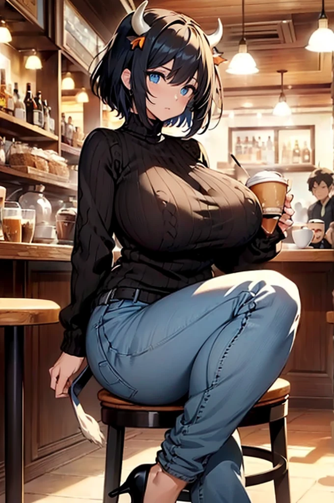 ((Anime Art Style)),(masterpiece:1.2, best quality), (Super Detail),((Very delicate and beautiful)),(Full body portrait),((mature woman)), ((black hair)), ((short hair)), (Gigantic Breasts), (thick woman) , monster girl, cow girl, ((cow horns)), (((white horns))), ((cow ears)), inhuman ears, ((cow tail)), black tail, tail hanging low, ((Blue Eyes)),expressive eyes, ((perfect blue eyes)), ((detailed eyes)), perfect face, white skin, hard nipples, ((fully closed sweater)), high heels, ((comfy jeans)), ((sitting in a chair)), (((cafe bar)))