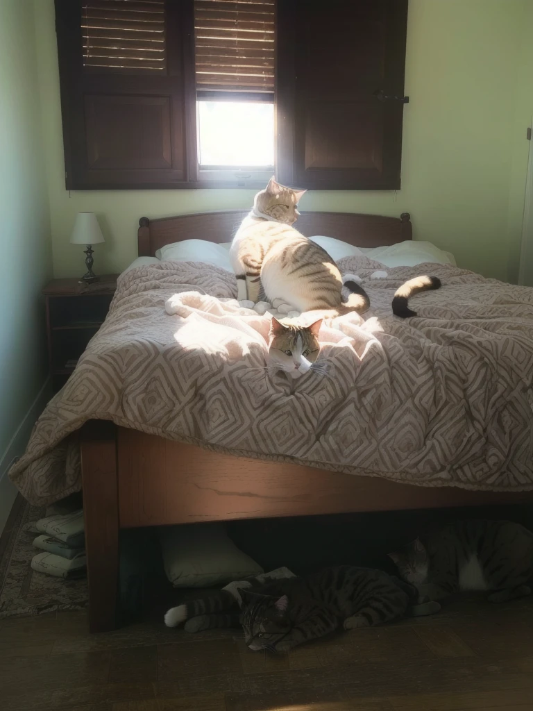 a cat on a bed, sunlight streaming in through window, detailed furred cat, soft bedding, natural lighting, warm tones, cozy atmosphere, photorealistic, 8k, high resolution, realistic, hyper detailed, masterpiece