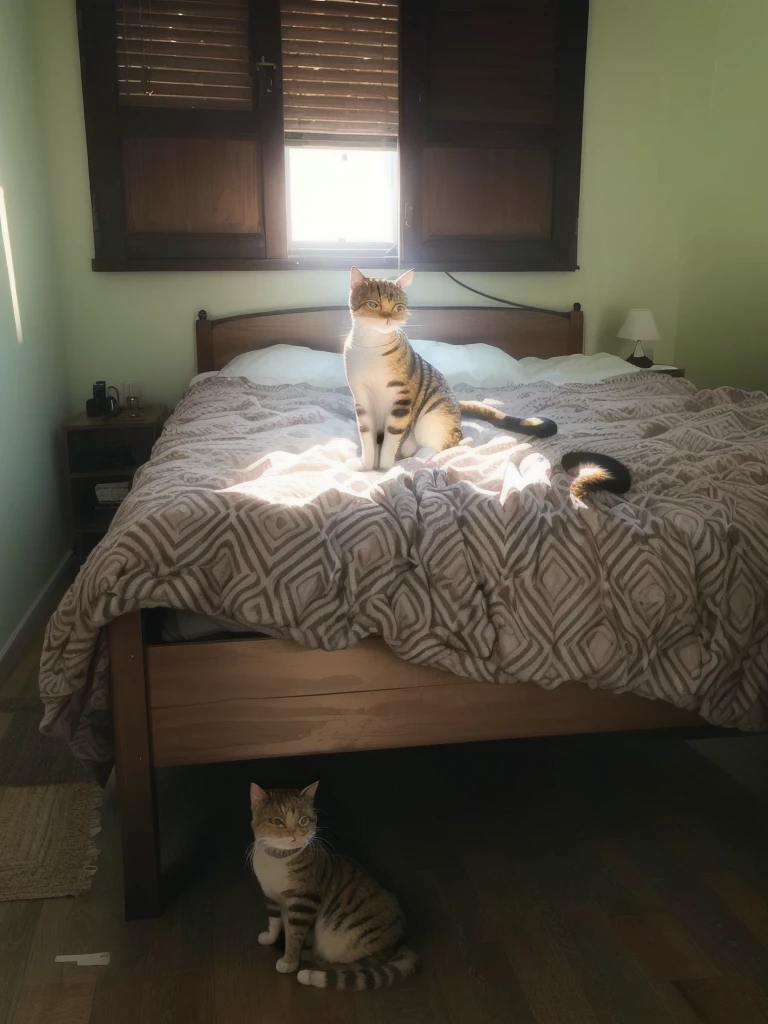 a cat on a bed, sunlight streaming in through window, detailed furred cat, soft bedding, natural lighting, warm tones, cozy atmosphere, photorealistic, 8k, high resolution, realistic, hyper detailed, masterpiece