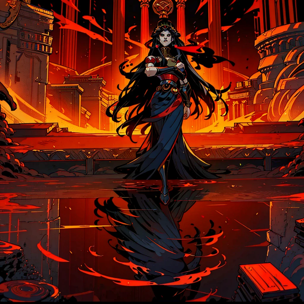 1girl, alone, 25 years old, grand, tall, black hair, red eyes, insister sur les reflets des yeux rouges, (high quality:2), cheveux noirs, long hair, boss, black outfit, black clothes, black pants, masculine clothes, masculine outfit, frowning, hades style, hades game, Jen zee style, greek themed image, greek background, thanatos, tartarus scenery, red fumes, black clouds, greek columns in background, lots of columns, greek architecture, white themed image, white furniture, red touches of color, orange walls, looking at viewer, holding the stygian blade hades game wiki, hades, game, wiki, obols, stygius, Eris inspiration, Alecto, Charon, Hecate, Hades character, Meg, Megara, Megaera, Moros, Nemesis, armor, Nemesis armor, Tisiphone, character centered, clear eyes