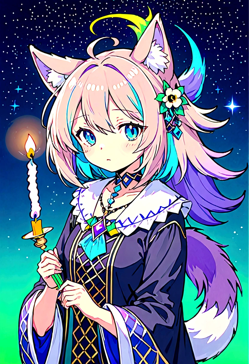 Wolf girl with ears, wolf tail with purple hair, holding a glowing candle, with blue background mixed with green and purple, so happy