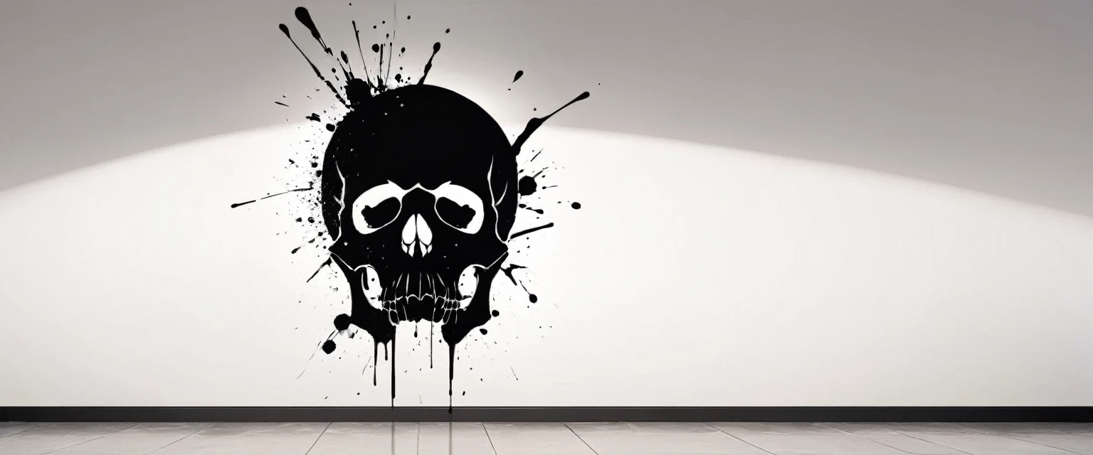 black silhouette of a skull facing forward with black blood splatter on white wall, detailed silhouette.