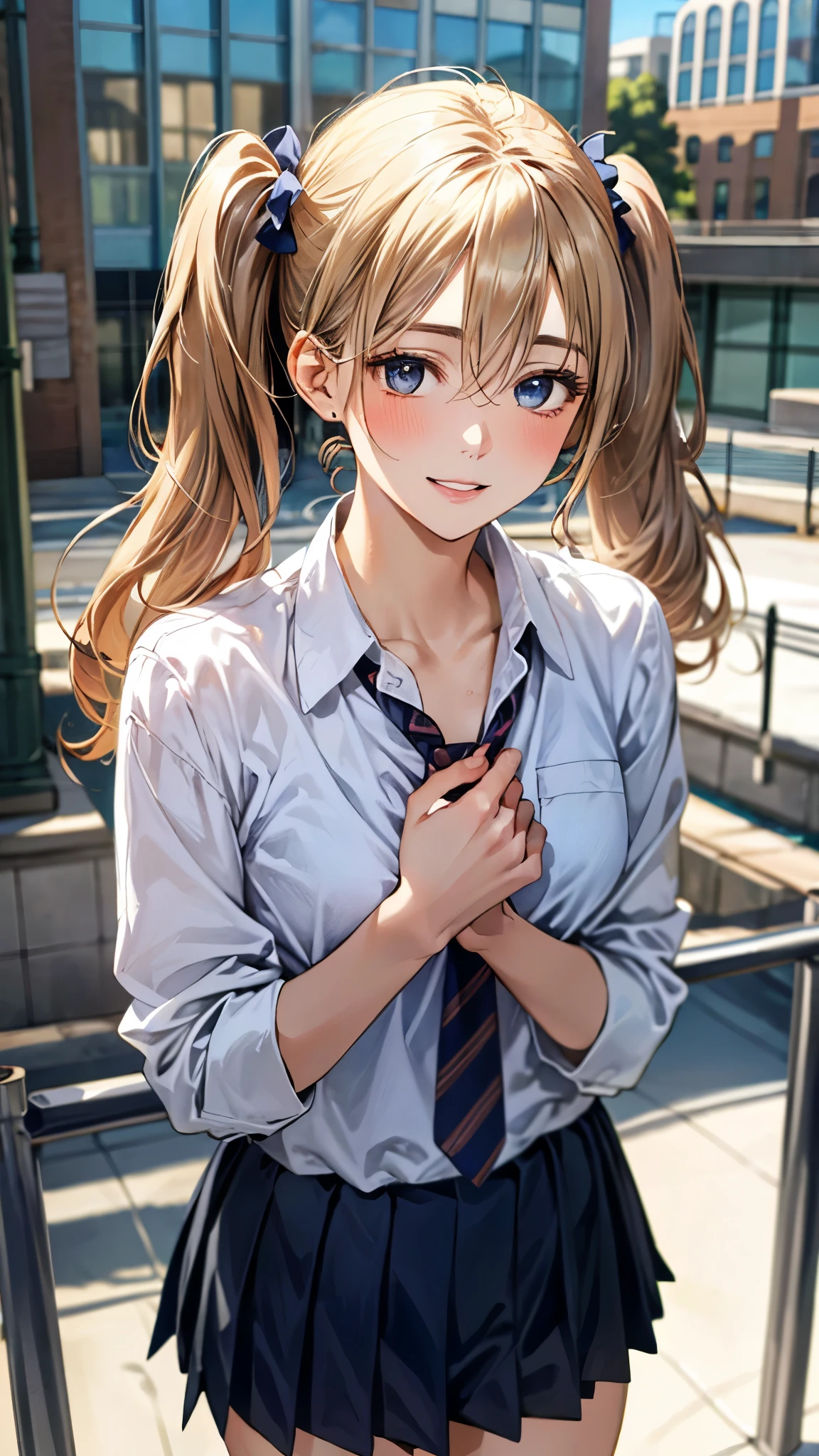(masterpiece:1.3, top-quality, ultra high res, ultra detailed), (realistic, photorealistic:1.4), beautiful illustration, perfect lighting, natural lighting, colorful, depth of fields, ,
beautiful detailed hair, beautiful detailed face, beautiful detailed eyes, beautiful clavicle, beautiful body, beautiful chest, beautiful thigh, beautiful legs, beautiful fingers, shiny skin,
looking at viewer, 1 girl, high school girl, (perfect anatomy, anatomically correct, super detailed skin), cute and symmetrical face, babyface, perfect face, perfect eyes, ,
(long hair:1.4, twin tails:1.2, blonde hair), swept bangs, hair between eyes:0.6, blue eyes, big eyes, long eye lasher, (medium breasts, seductive thighs), slender, skin dendation,
detailed cloth texture, navy cardigan:1.2, break, white collared shirt, break, dark red tie, break, light blue pleated skirt:1.2, break,
(beautiful scenery), summer, evening, (cityscape:1.2), standing, hands on chest, (lovely smile, upper eyes, parted lips),