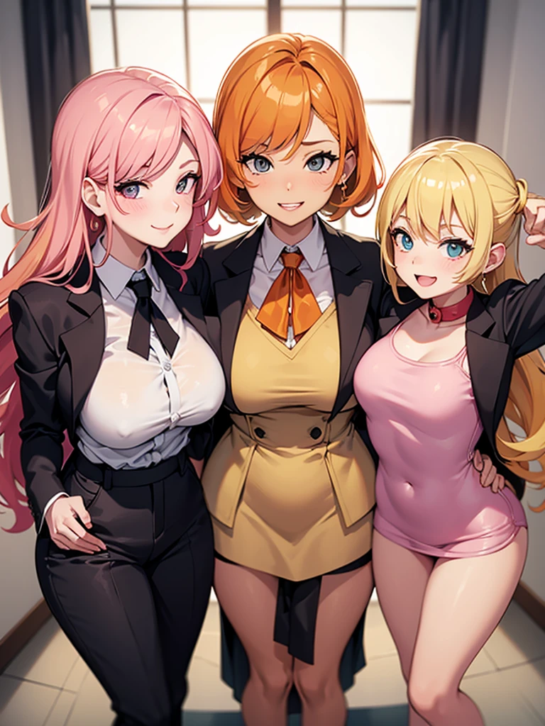 two sexy bubbly and cheerful women in office outfits holding  boy with blonde hair between their boobs, women have short, vibrant orange hair with highlights of pink, flirtatious smile,women looking at boy