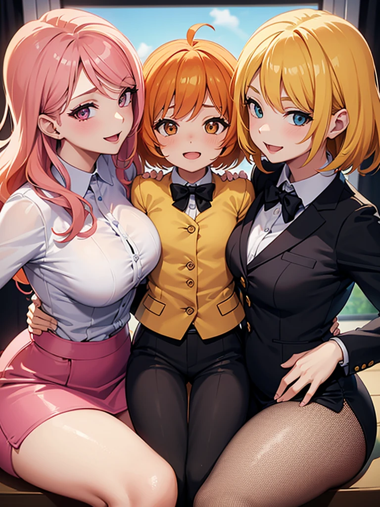 two sexy bubbly and cheerful women in office outfits holding  boy with blonde hair between their boobs, women have short, vibrant orange hair with highlights of pink, flirtatious smile,women looking at boy