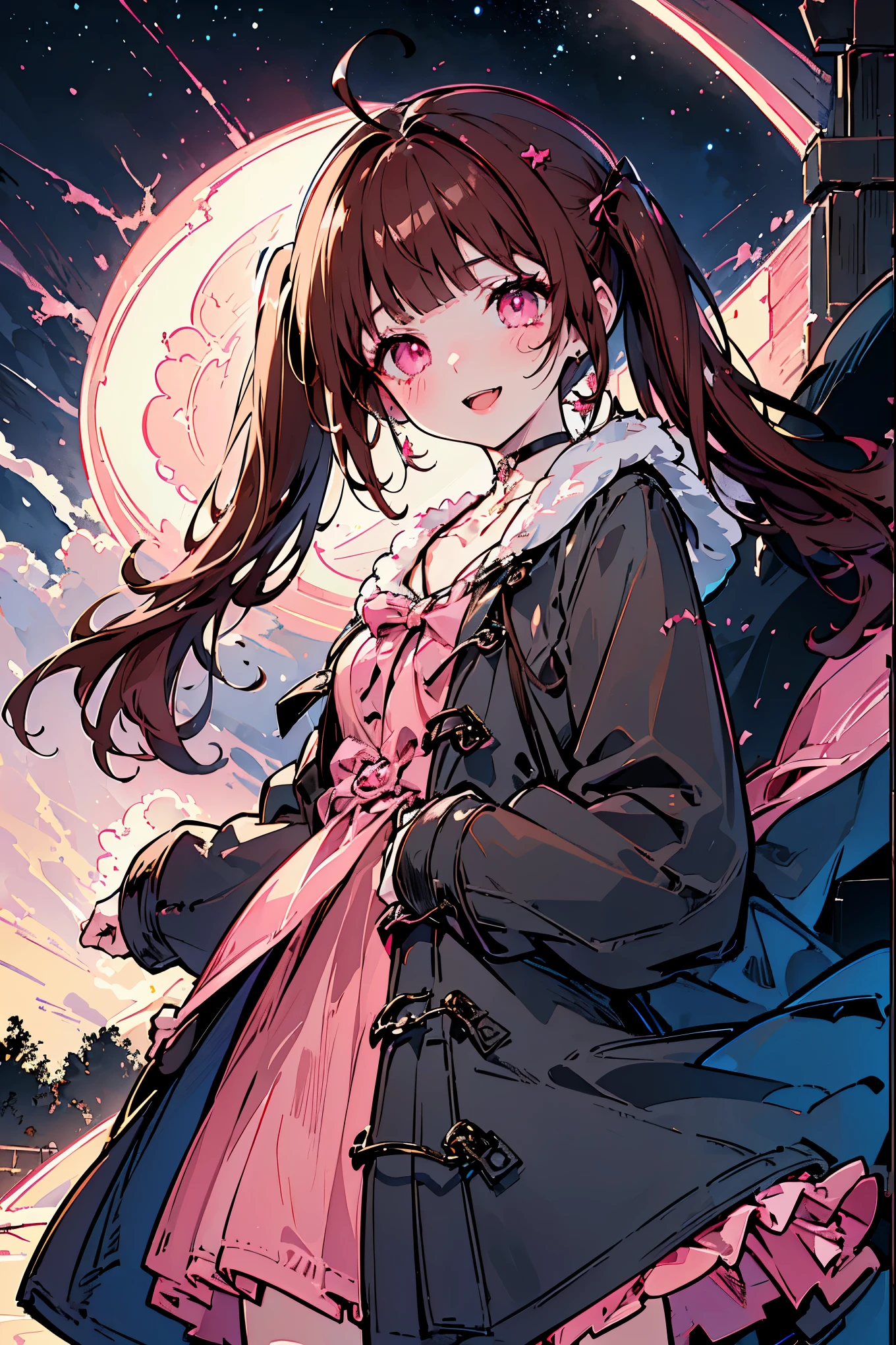 {{{{masterpiece}}}}, {{{Super detailed}}}, {{{high resolution}}},{{high resolution:1.3}}, {{good anatomy}}, (((best quality))), ((anime style,anime girl)),(((pink eyes,brown hair))),(big perfect eyes),((yandere,dark eyelash)),(((coat skirt,collarbone,gray dress, jewelry, choker,necklace,dark atmosphere,night time))), hairclip, {8k cg wallpaper}, {{illustration,zoom in,focus on face,close-up shot, looking out a window}},((twintails|ahoge|floating hair|blunt bangs|short hair|curly))smile,(1girl:1), bride,solo,alone,(Color difference:1.2),(yandere smile,open mouth with Tongue,evil smile,Dark space),blushing,neat face,(medium breasts),((The details are complex、Shallow depth of field、weak lighting、a Canon EOS R5、50mm lens、f / 2.8、shot at 8k resolution))