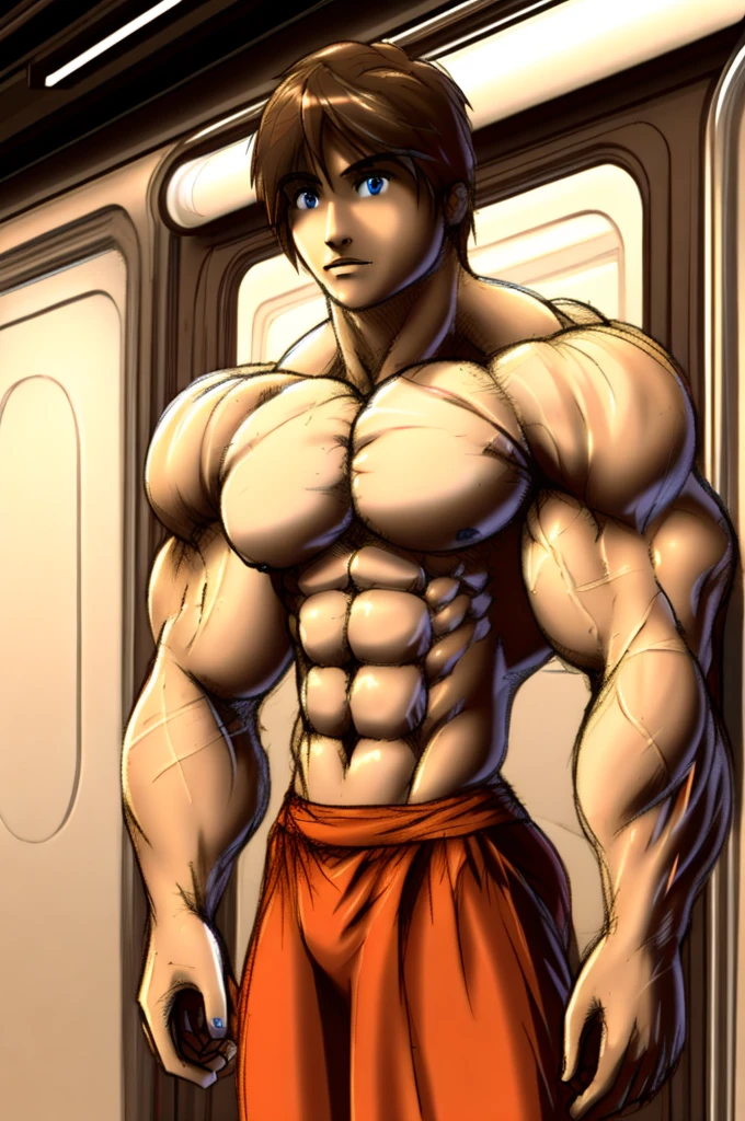 muscular boy,Alone, shirtless , idiot ,standing, train , soft shading , mbbbbb , 
 White skin , rubio, Blue eyes