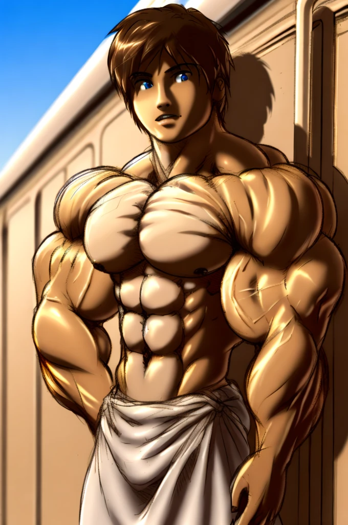 muscular boy,Alone, shirtless , idiot ,standing, train , soft shading , mbbbbb ,
White skin , rubio, Blue eyes