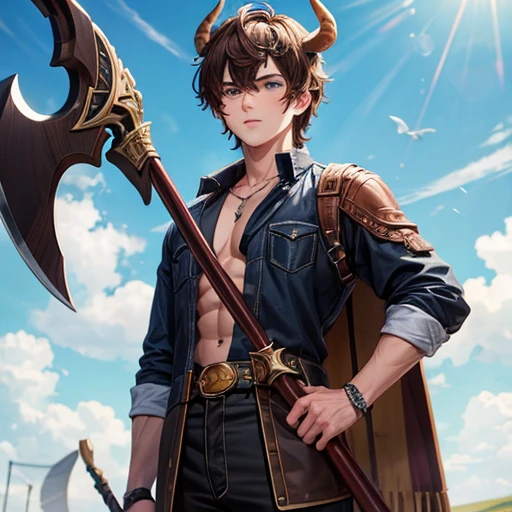 Brown haired Minotaur Blue-eyed beautiful boy Cow horn Cow earless Has an axe