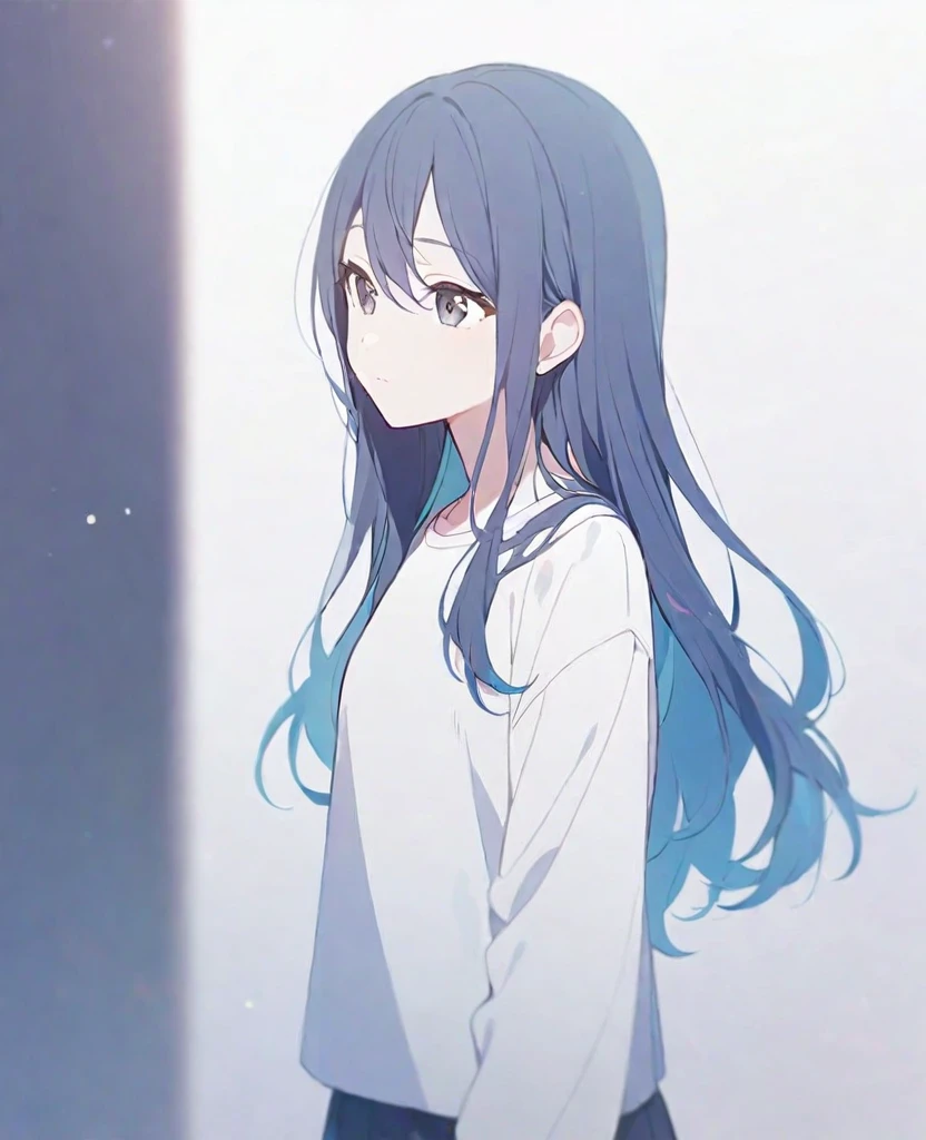 One girl,alone,Hoshino Ichika,Blue Hair,,Black Eye,White Shirt,project sekai,long hair,cute,cute,