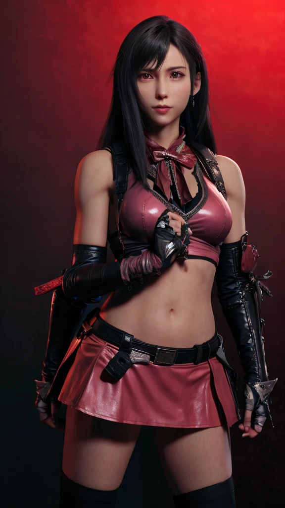 a woman holding a sword in a dark room, 2. 5 d cgi anime fantasy artwork, holding a black katana, stuning fantasy 3 d render, holding katana, unreal engine character art, unsheathing her katana, she is holding a katana sword, yasuke 5 0 0 px models, dramatic wielding katana pose, holding a katana, background color smoked, Red leather jacket.