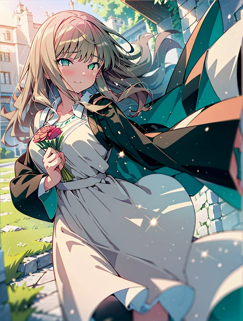 minami yume ,sss Dynazenon ,Long Hair, Brown Hair, (Green Eyes:1.5) ,smile,Wedding dress,Wedding Skirts,holding a large bouquet of flowers in both hands,Tears stream down her face,Tears of joy,I cry a lot,Stand Glass,
break outdoors, Association,Chapel,
break looking at viewer, whole body,(Cowboy Shot:1. 5) ,
break (masterpiece:1.2), Highest quality, High resolution, unity 8k wallpaper, (shape:0.8), (Beautiful and beautiful eyes:1.6), Highly detailed face, Perfect lighting, Highly detailed CG, (Perfect hands, Perfect Anatomy),