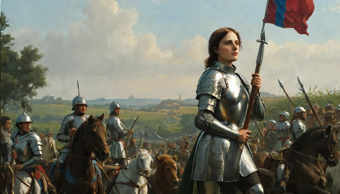 14th century, Joan of Arc. The scene shows Joan of Arc standing in an open field, dressed in armor and holding a sword. His armor is adorned with gold details and bears the battle standard of France. His face reflects determination and bravery, as he looks towards the horizon with a resolute expression. Around her, French soldiers are gathered in formation, inspired by her leadership. In the background, you can see a landscape of green hills and a clear sky. The atmosphere is one of heroism and patriotism, capturing the historical moment when Joan of Arc led French troops to victory during the Hundred Years' War., Surrealism, Hyperrealism, UHD, retina, masterpiece, accurate, anatomically correct, textured skin, super detail, award winning, 8k
