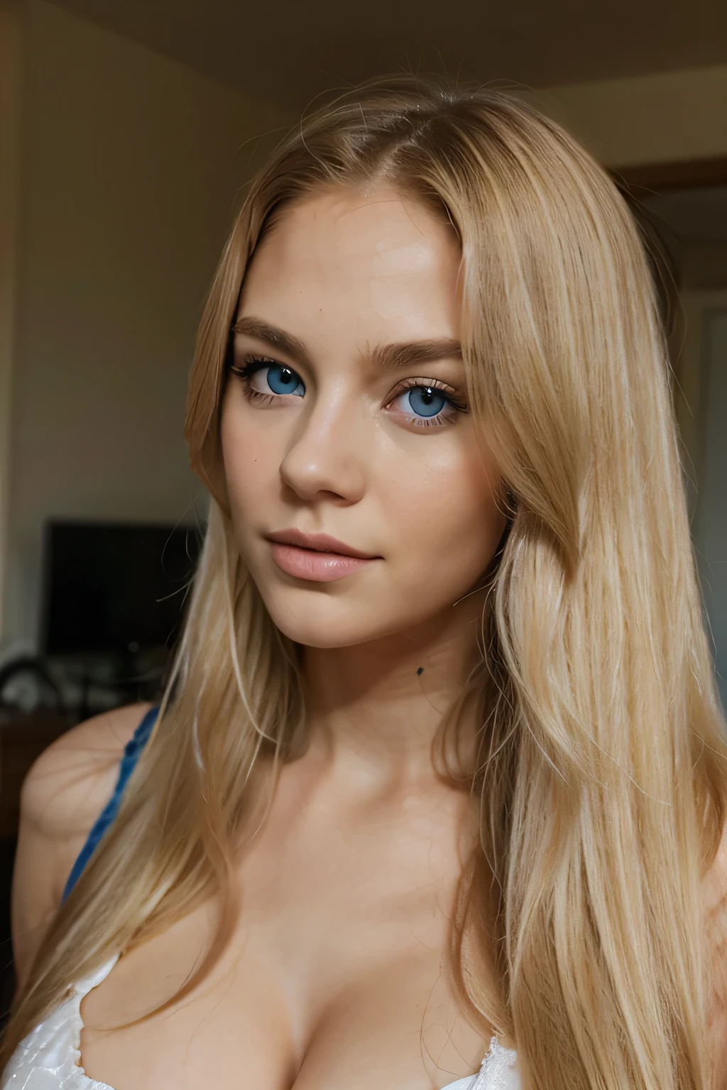 girl, long and blond hair, blue eye, big tits, Realist