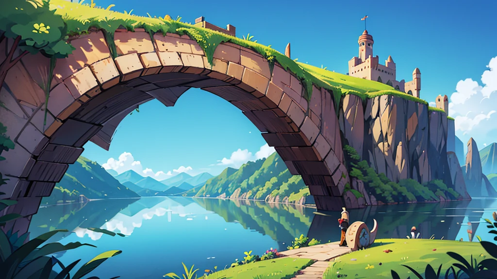 landscape image, a beautiful crescent shaped lake with a fortress city on a peninsula at the centermost point of the crescent, tall mountains in the background