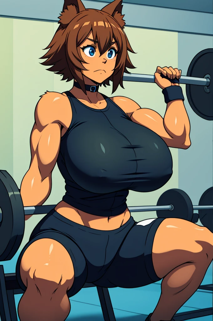 dog girl, buffed, strong, in a gym, massive breasts, thick thigs, lifting weight