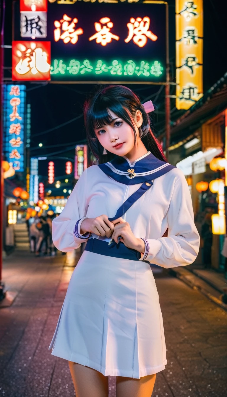 (Backlight,Umbilical cord:1.1,Black Hair),Beautiful girls in school uniforms on the busy streets of Gintama, There are vendors all around, Beautiful portrait of a stunning goddess girl, Beautiful and delicate face, Porcelain skin, Half-length photo, Center,((moonlight,night,Big neon sign,Strong neon lights,Rim Light,Two-tone lighting))),