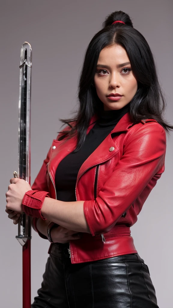a woman holding a sword in a dark room, 2. 5 d cgi anime fantasy artwork, holding a black katana, stuning fantasy 3 d render, holding katana, unreal engine character art, unsheathing her katana, she is holding a katana sword, yasuke 5 0 0 px models, dramatic wielding katana pose, holding a katana, background color smoked, Red leather jacket.