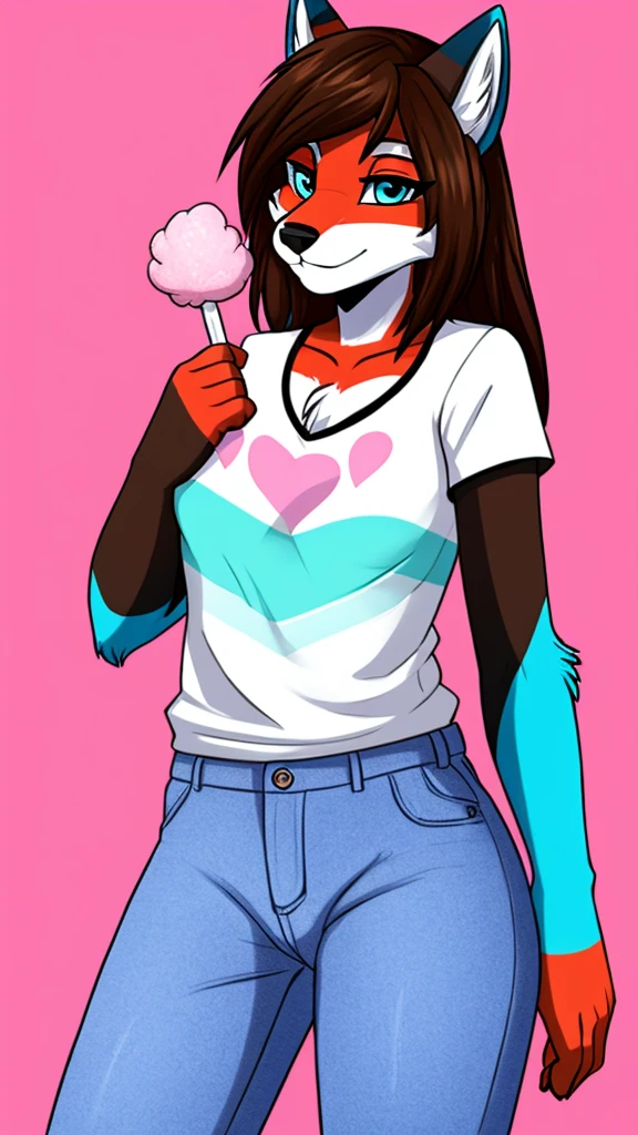 there is a draw image of a cotton candy, wolf, cyan, white, pink ,shirt arm long red, pants black, draw avatar, fursona, furry style, furry character, furry furaffinity, furry fursona, thicc, furry cute style, fursona!!!!, halfbody, fursona, cheap brown hair long girl, woman, Chest girl, backgrouned style colorful, transgender