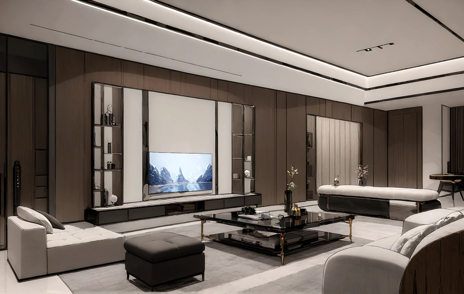 il y a un grand salon avec une télévision grand écran, intérieur de condo de luxe, rendu HD de luxe, environnement luxueux, Rendu 8k cg, rendu en moteur irréel 8 k, Rendu vidéo 8k, intérieur haut de gamme, salon intérieur, appartement de luxe, rendu vray 8k, 8k de détails élevés, 8 000 détails élevés, Rendu d&#39;octane ultrahd 8k