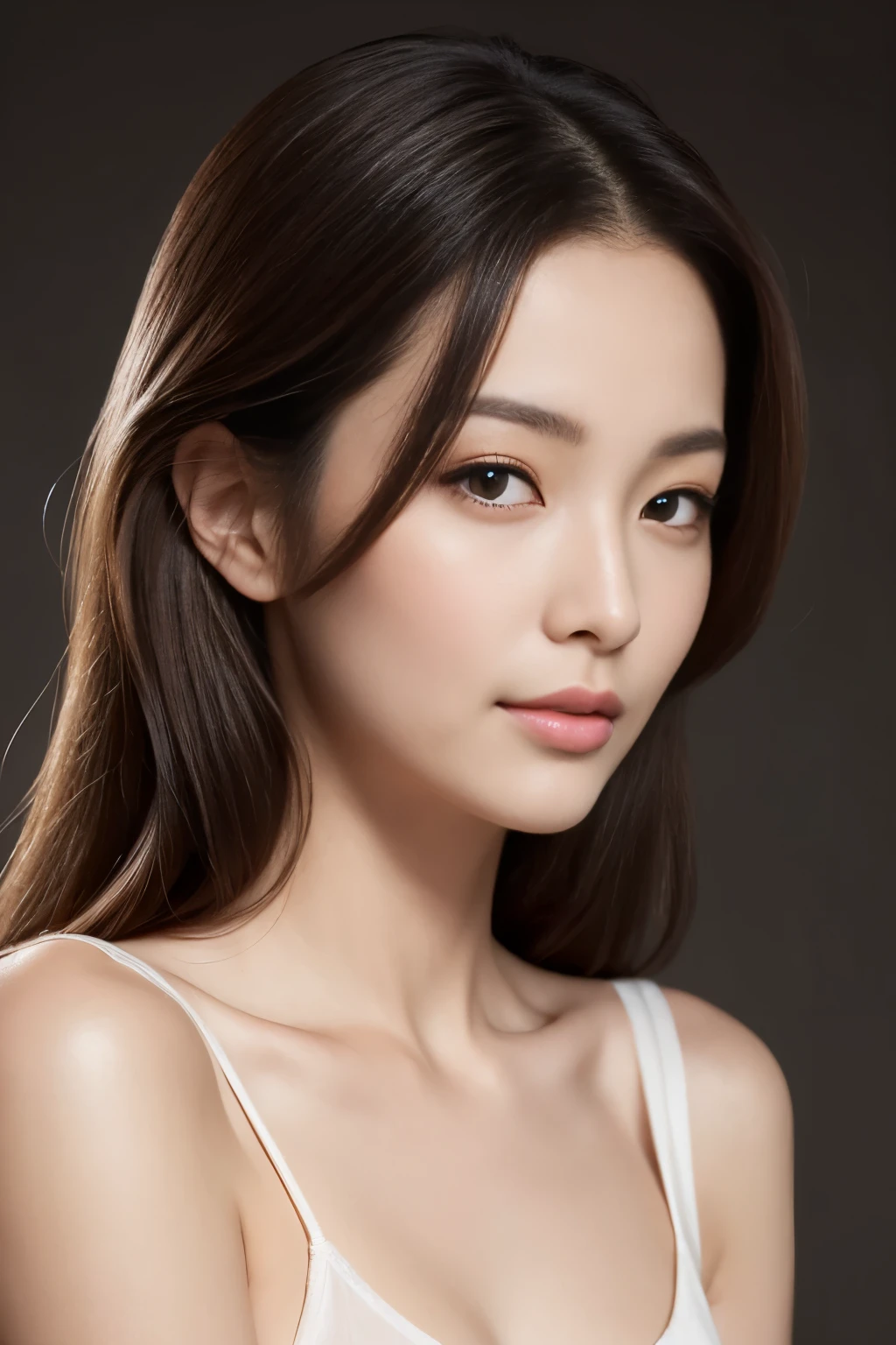 Create a (( mid-shot )) photorealistic image of a beautiful Asian woman with fair, smooth, flawless skin. She has large, round, sparkling eyes with naturally long and curled eyelashes, and well-defined, dark eyebrows, she has ample bust. Her nose is straight and high, and her naturally pink, soft lips form a gentle smile. She has short, slightly curled brown hair that highlights her delicate facial features. Her face is oval-shaped, with a wide and high forehead, moderately high cheekbones, and a pointed, slender chin. She is wearing a black lingerie that complements her elegant and feminine appearance. (( waist to top))
