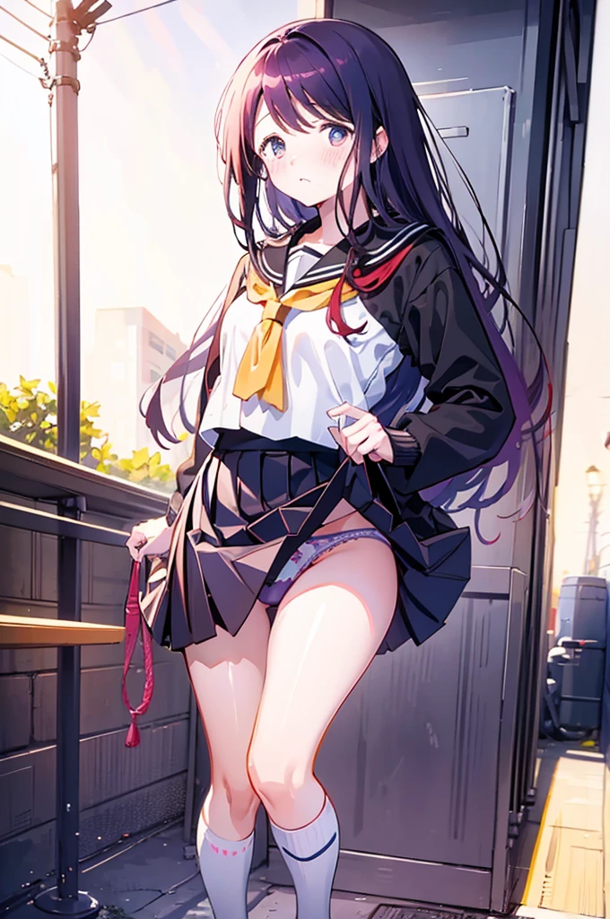 Japanese 、high school student、Lift up your skirt、Showing panties、Blushing、白いShowing panties、Pull up your skirt