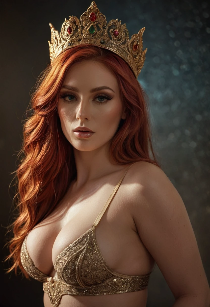 a seductive goddess with large breasts, golden horn on head, long wavy red hair, sensual erotic pose, hyper detailed, 8k, intricate, masterfully captured, cinematic lighting, dramatic colors, chiaroscuro, fantasy, digital art