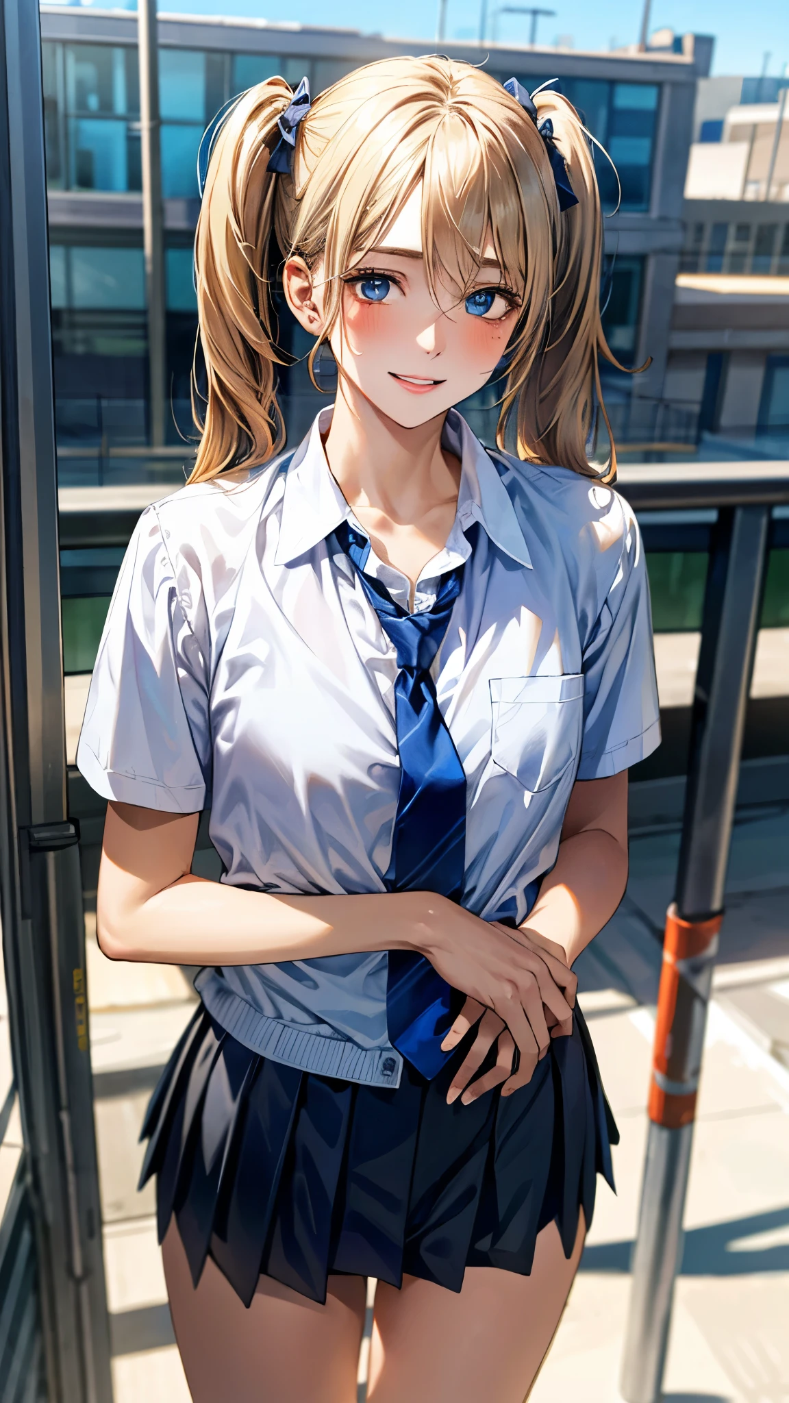 (masterpiece:1.3, top-quality, ultra high res, ultra detailed), (realistic, photorealistic:1.4), beautiful illustration, perfect lighting, natural lighting, colorful, depth of fields, ,
beautiful detailed hair, beautiful detailed face, beautiful detailed eyes, beautiful clavicle, beautiful body, beautiful chest, beautiful thigh, beautiful legs, beautiful fingers, shiny skin,
looking at viewer, 1 girl, high school girl, (perfect anatomy, anatomically correct, super detailed skin), cute and symmetrical face, babyface, perfect face, perfect eyes, ,
(long hair:1.4, twin tails:1.2, blonde hair), swept bangs, hair between eyes:0.6, blue eyes, big eyes, long eye lasher, (medium breasts, seductive thighs), slender, skin dendation,
detailed cloth texture, navy cardigan:1.2, break, white collared shirt, break, dark red tie, break, light blue pleated skirt:1.2, break,
(beautiful scenery), summer, evening, (cityscape:1.2), standing, hands on chest, (lovely smile, upper eyes, parted lips),