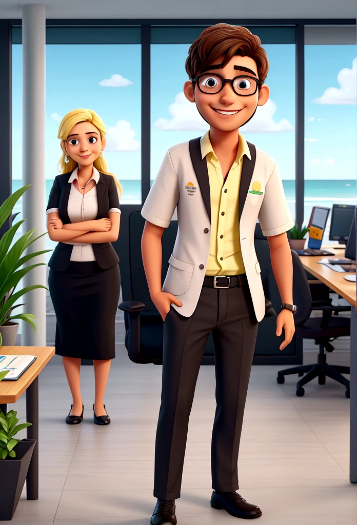 virtual assistant in a law firm, his name is Tobias and he is from Recife, Pernambuco in Brazil, has regional characteristics and a happy corporate environment, where the office has a wide view of the beach, with smart sports clothes.