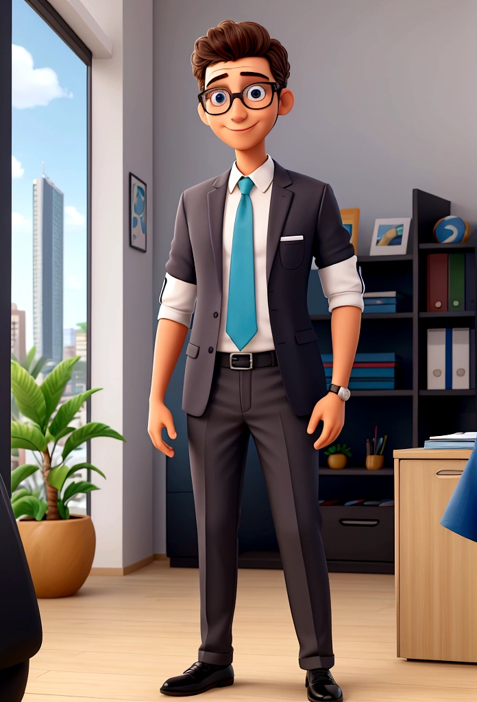 virtual assistant in a law firm, his name is Tobias and he is from Recife, Pernambuco in Brazil, has regional characteristics and a happy corporate environment, where the office has a wide view of the beach, with smart sports clothes.
