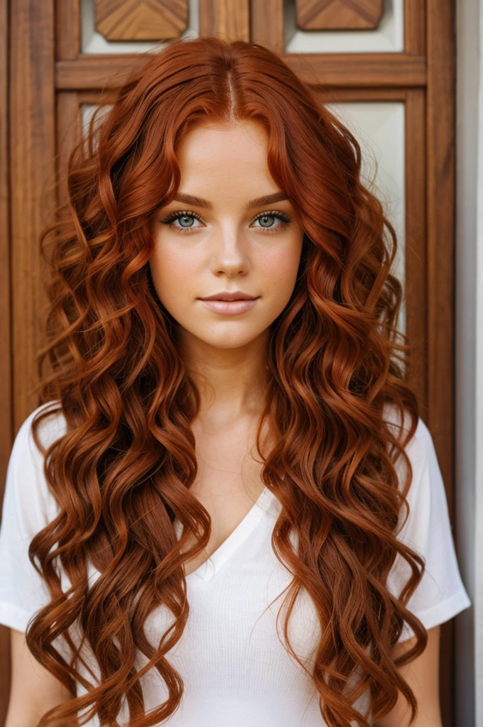 A white girl with curly copper-colored hair 
