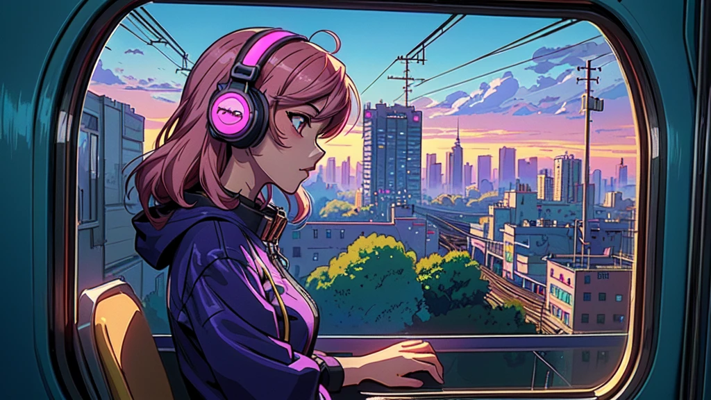 anime girl with headphones on looking out of a window in the train, digital anime illustration, lofi artstyle, anime style 4 k, anime styled digital art, digital anime art, anime style. 8k, anime style artwork, detailed digital anime art, lofi girl, lofi art, artwork in the style of guweiz, background artwork, digital cyberpunk anime art